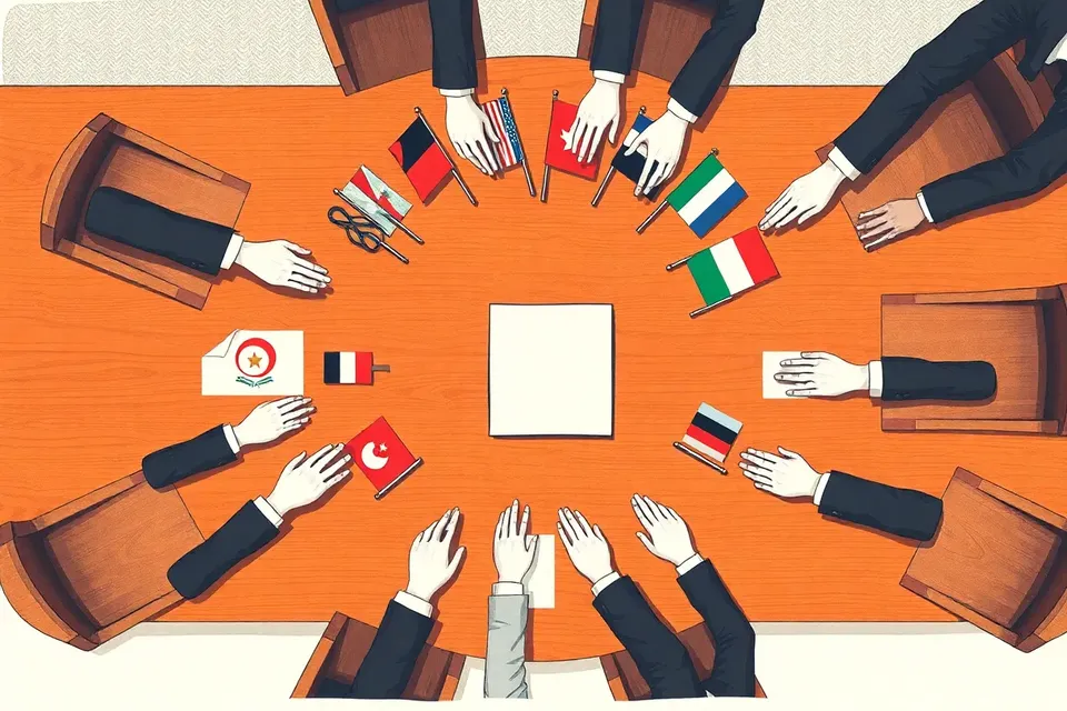 Overhead view of a conference table with miniature flags from different countries arranged in a circle, surrounded by hands in business attire reaching toward a central notepad.