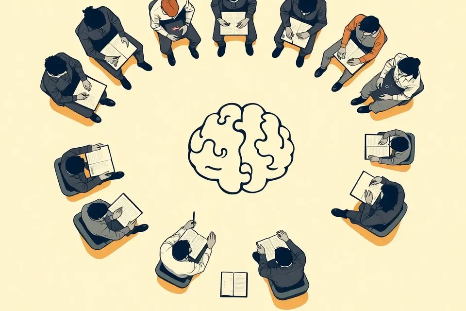 Overhead view of a circular group of stylized people with notebooks and pens, centered on a brain-shaped puzzle pattern, evoking a psychology workshop.