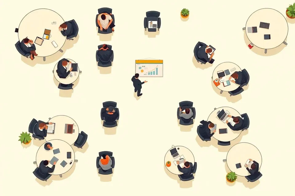 An overhead view of a business workshop in a modern building, with circular tables, attendees working on laptops, and a presenter at a whiteboard.