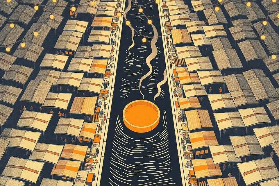 An overhead view of a night market along a canal, with colorful stall roofs, glowing string lights, and small figures gathered around food stalls, all set against the dark water.