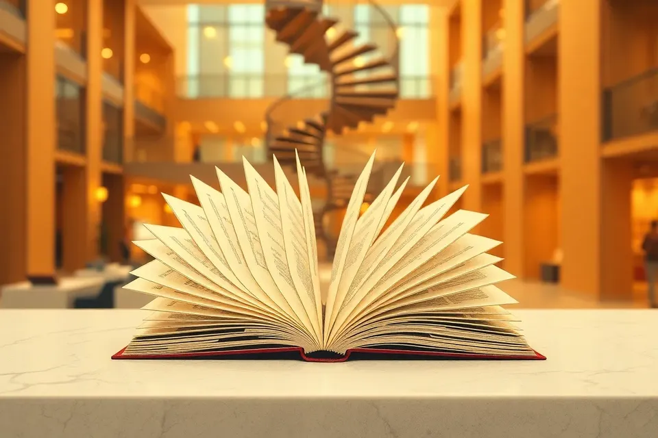 A large open book on a marble counter, with a blurred spiral staircase and bright atrium in the background, evoking a quiet, inviting atmosphere.