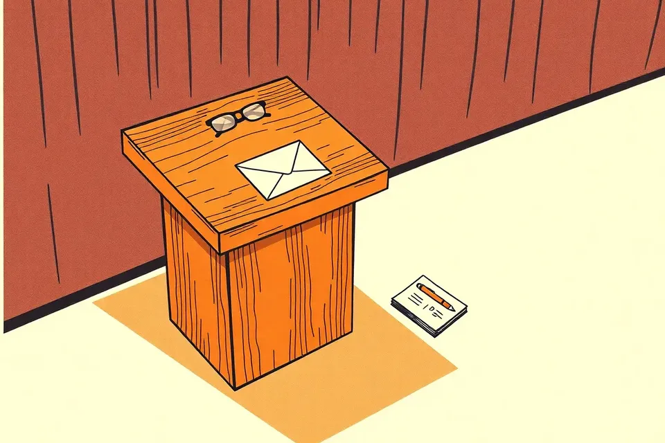 A still life illustration of a wooden podium with an envelope, reading glasses, blank papers, and a pen, casting a long shadow on a polished floor, evoking a quiet, anticipatory atmosphere.