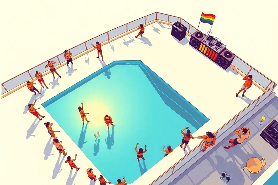 Overhead view of a rooftop party at sunset, with a turquoise pool at center, dancers in colorful clothes forming circular patterns, a DJ booth with a rainbow flag, and glasses on a table.