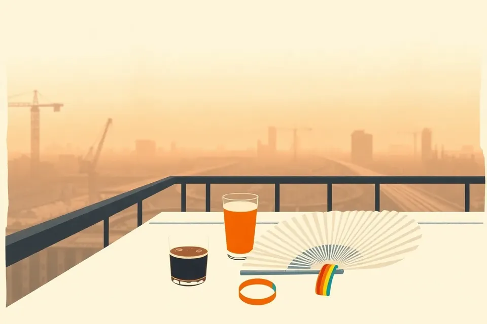 A rooftop table with iced tea, a fan, and a rainbow wristband, overlooking a hazy Bangkok skyline at dusk.