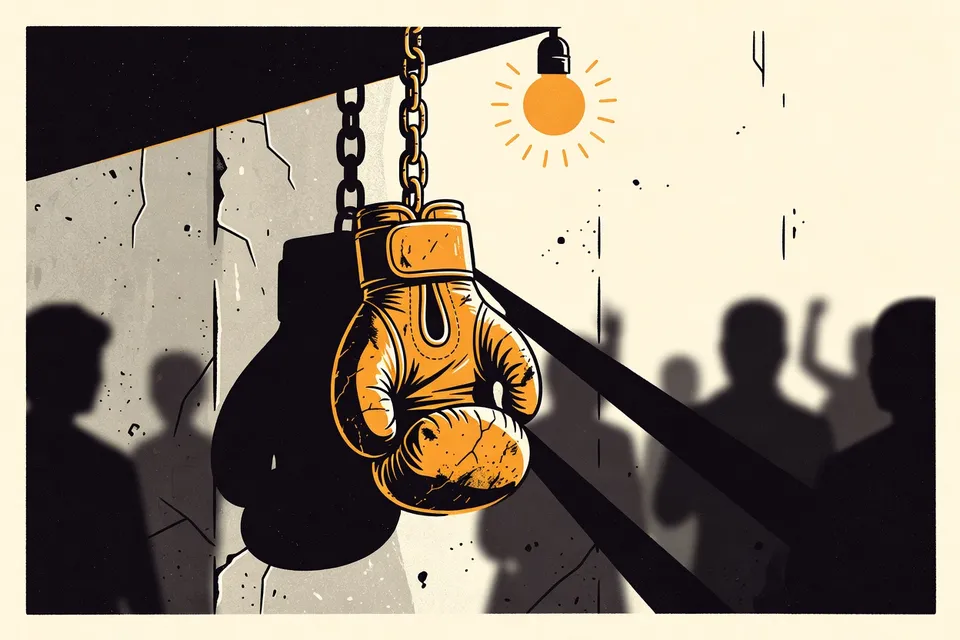 A close-up of a worn boxing glove hanging from a chain against a concrete wall, with dim lighting and shadows suggesting an underground fight atmosphere.