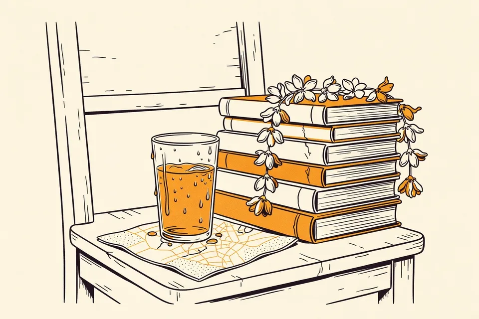 A still life with a wooden chair, a stack of German art books, a sweating glass of iced tea on a napkin with a map print, and a wilted jasmine garland.