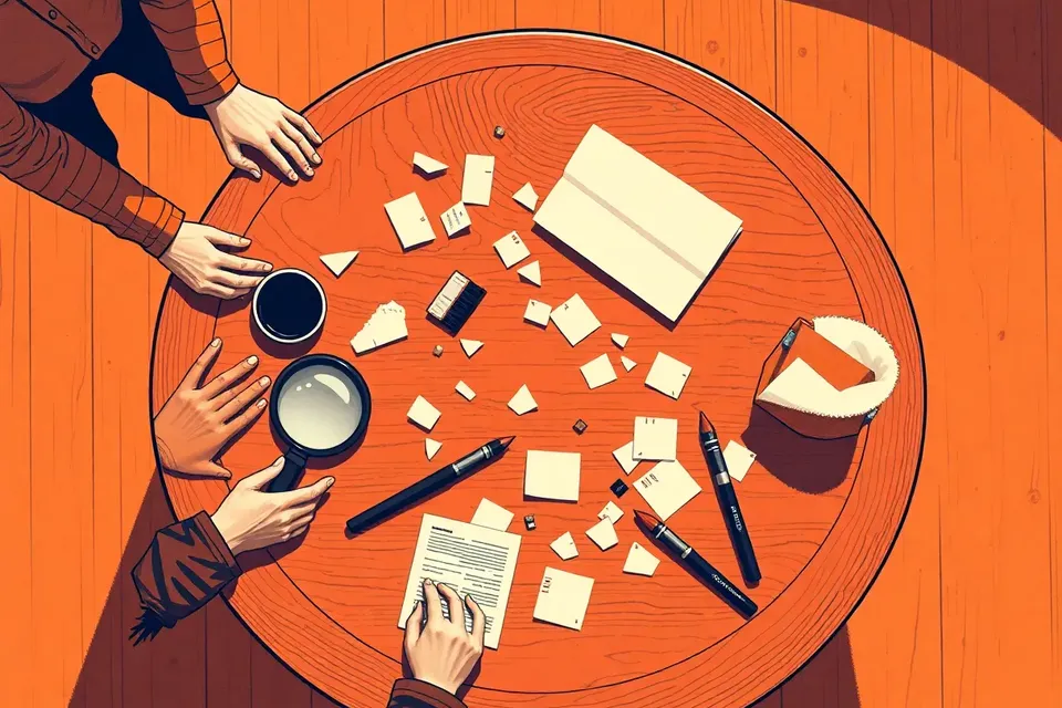 An overhead view of a bar table with old paper pieces, a magnifying glass, and a brush, surrounded by people in discussion.