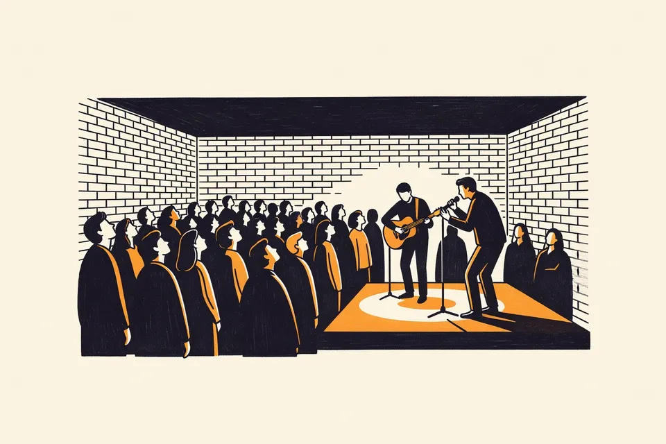 An intimate concert in a brick-walled hall, with a small stage and a close crowd of silhouetted listeners facing two musicians.