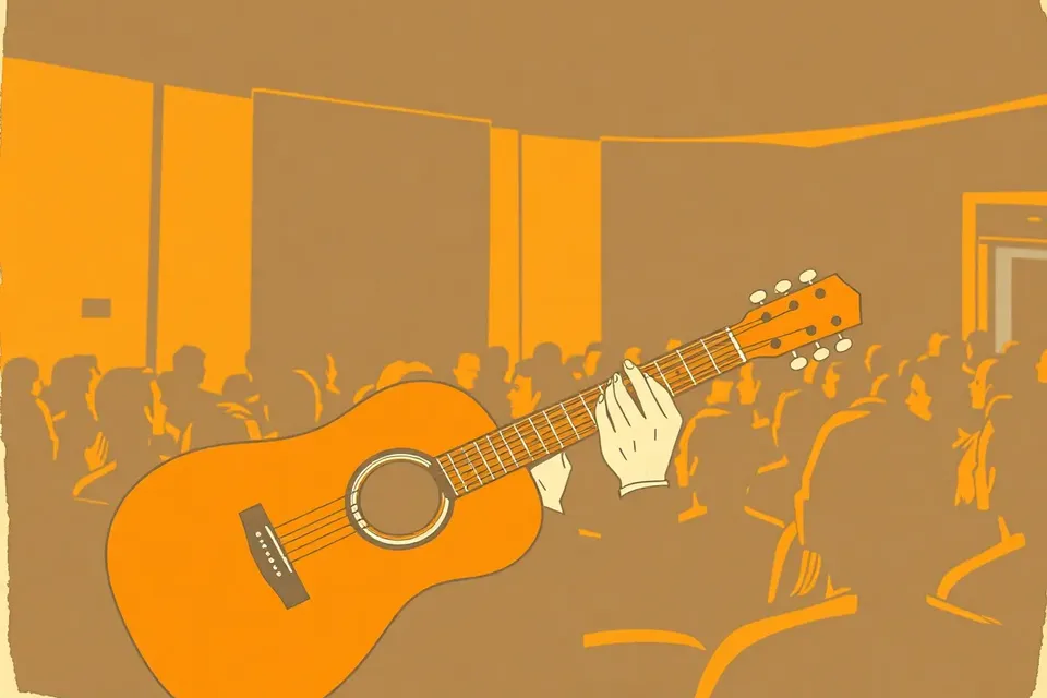 A guitarist's hands poised over an eight-string guitar in a dim auditorium, with blurred audience silhouettes in the background.