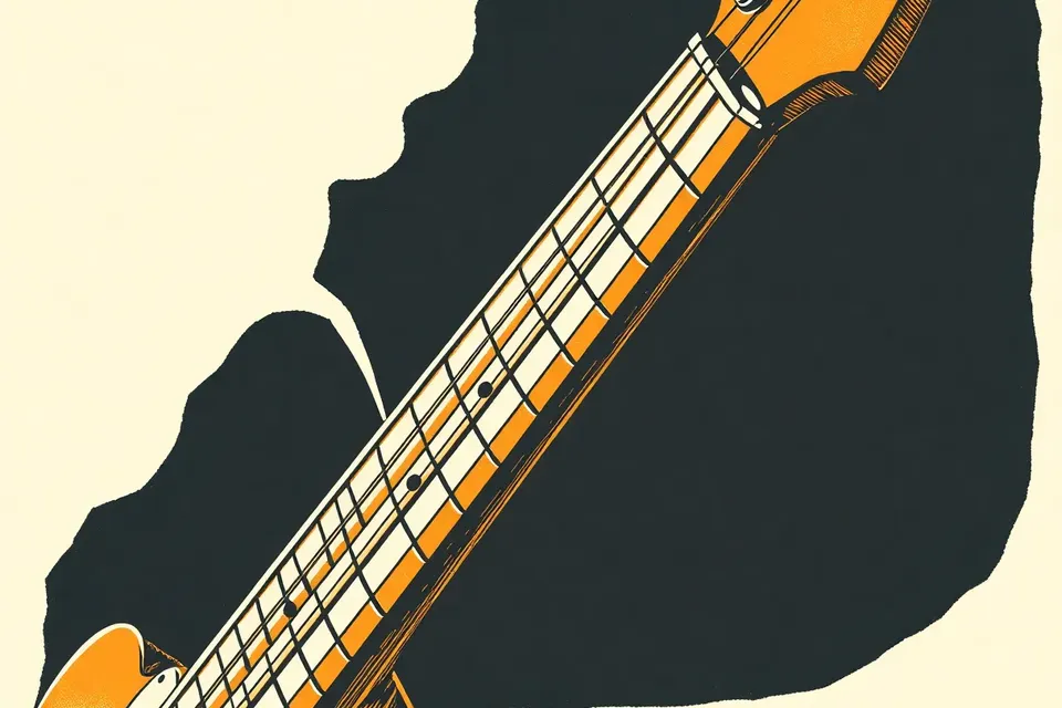 Close-up of a guitar neck and fretboard with a plectrum strumming, strings in motion, stage lights glowing, and dry ice haze, evoking a high-energy rock concert.
