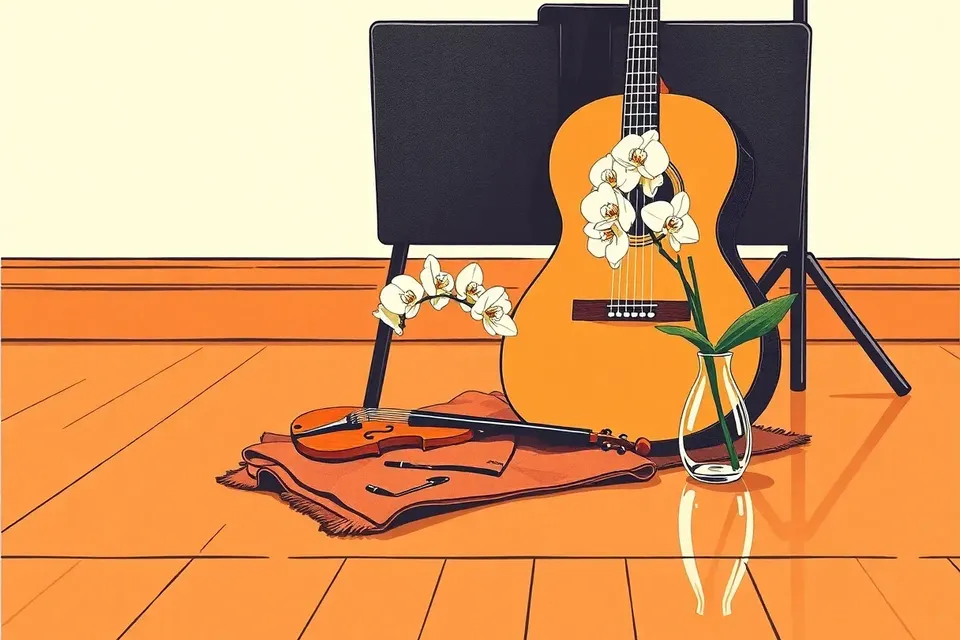 A still life arrangement with a classical guitar, a violin bow on velvet, and a white orchid in a vase, set on a polished wooden floor with soft lighting.