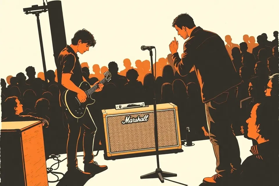 An illustration of a guitarist and another person adjusting a microphone in a dark, industrial venue, with a blurred crowd in the background, conveying a quiet moment before a performance.