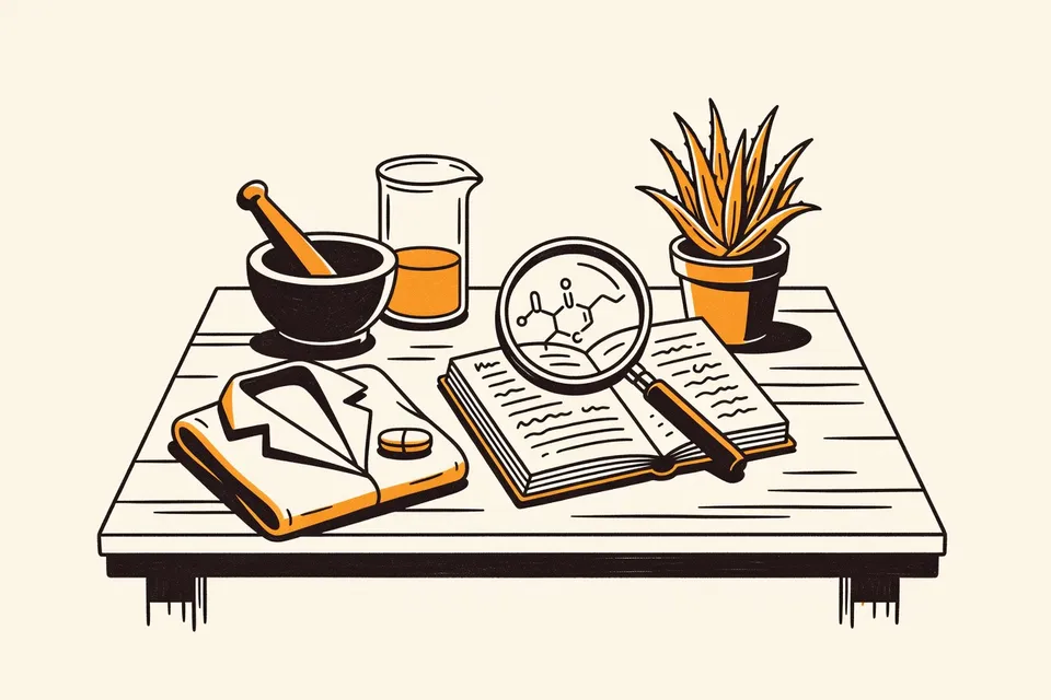 A still life arrangement on a wooden table includes a mortar and pestle, a beaker with blue liquid, a white pill on a folded lab coat, a potted aloe vera plant, and a magnifying glass over a notebook with a chemical formula sketch.