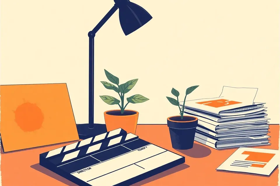 A clapperboard and scripts on a desk, with a potted plant leaning toward a lamp, casting a film reel shadow.
