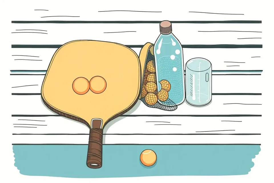A still life arrangement of a pickleball paddle, a mesh bag of balls, and a water bottle on a bench, with one ball on the court floor.