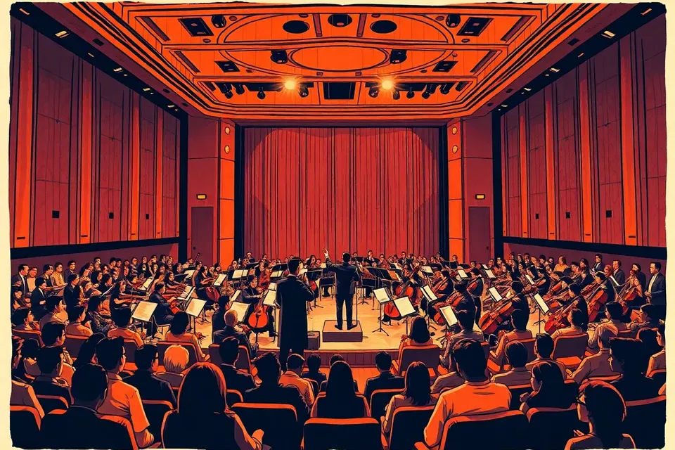 A wide view of a concert hall with a full orchestra on stage, the audience seated in rows, and a conductor poised to begin, all bathed in warm light.