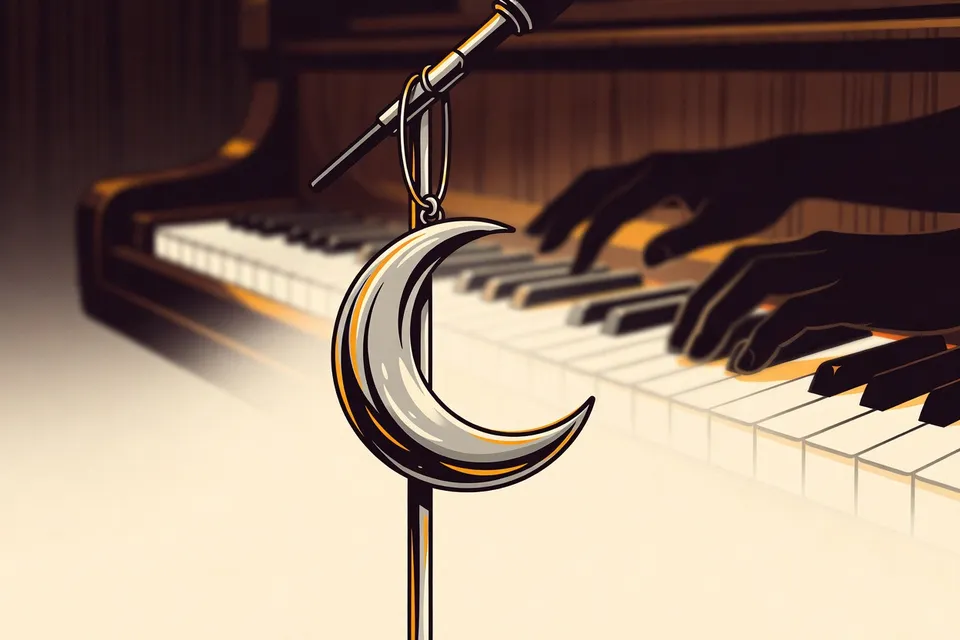 Close-up of a moon pendant on a microphone stand, with blurred piano keys and hands in the background, evoking a reflective concert atmosphere.