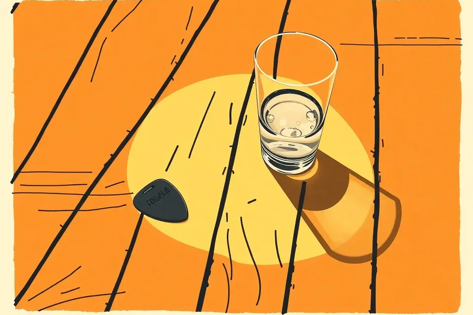 A guitar pick and a glass of water on a wooden stage floor, lit by a purple light.