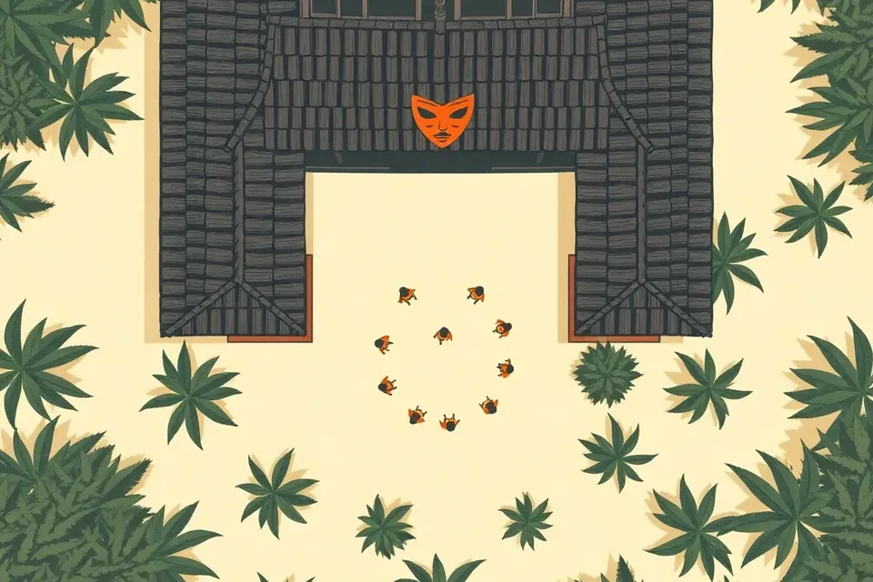 An overhead view of a wooden house in a rubber plantation, with eight figures in a circle and a ghostly mask pattern on the roof.