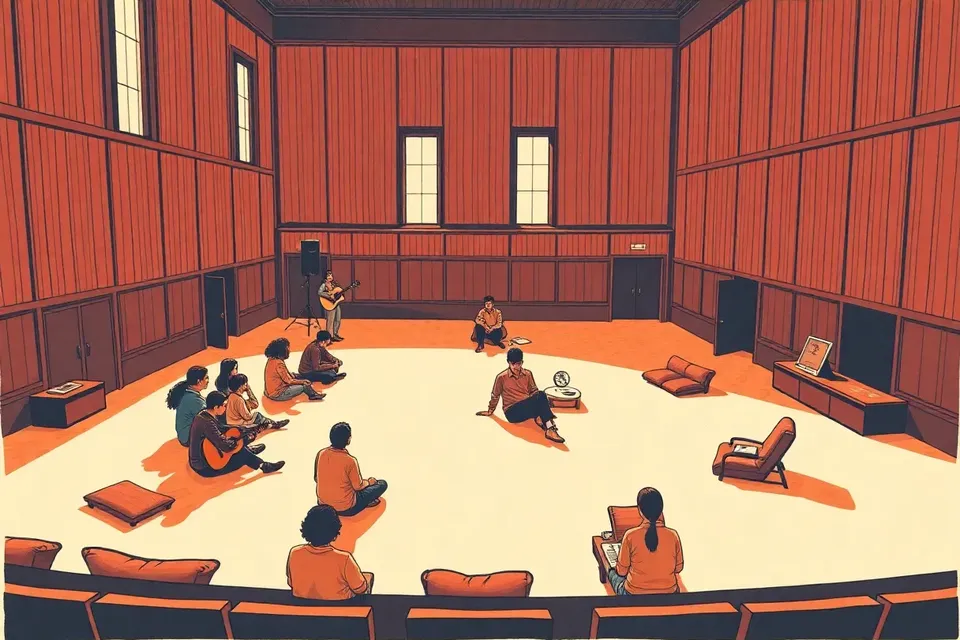 A wide shot of a wood-paneled auditorium with tall windows, a small group of people seated on the floor in a semicircle, and a performer with a guitar facing them, with cushions and a tambourine nearby.