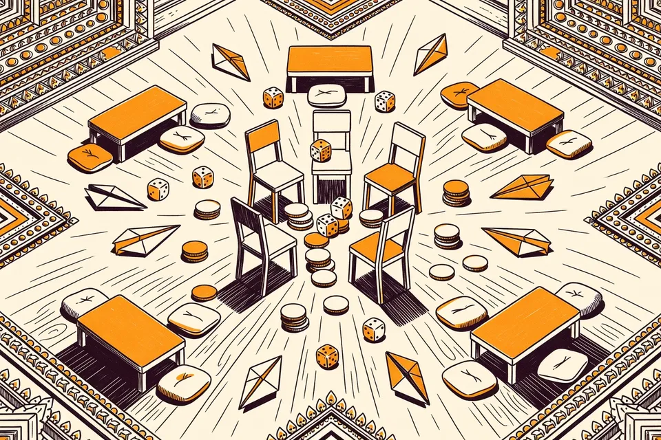 Overhead view of colorful game pieces, cushions, and low tables arranged in a circular pattern on a polished wooden floor, with ornate ceiling moldings visible at the edges.