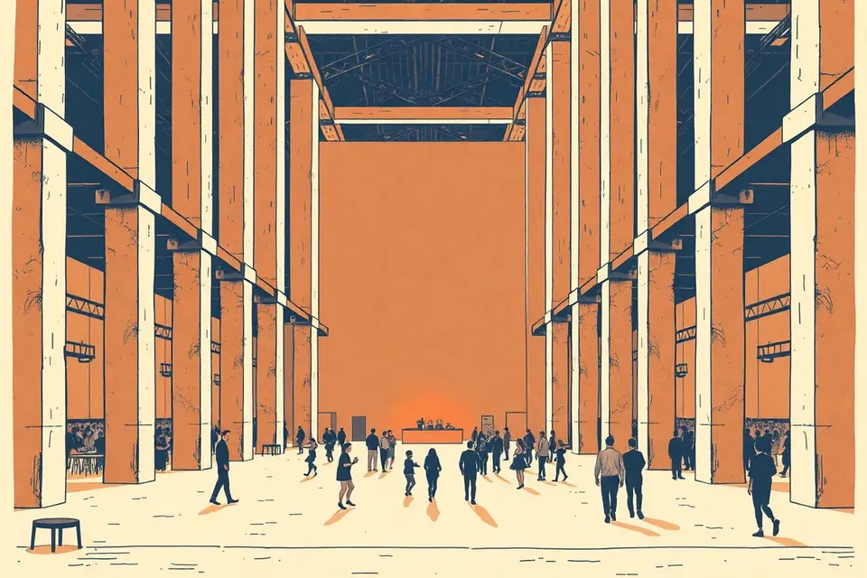 A wide shot of a dim, industrial venue with concrete pillars, a small crowd of silhouetted figures, and a glowing DJ booth in the distance.