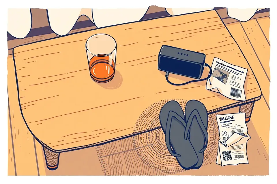 A still life on a wooden table with a glass of amber drink, a portable speaker, a flip-flop on a woven mat, and a crumpled flyer, all lit by a soft neon glow.