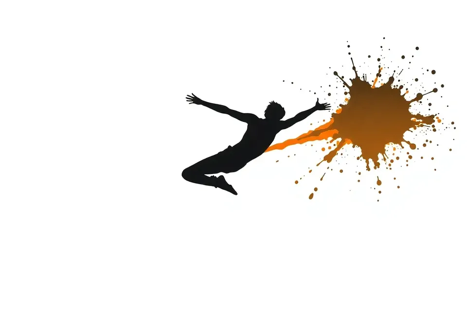 An acrobat in mid-air, their body stretched in a dynamic leap, with a trail of dark paint splashing from their hand against a white background.