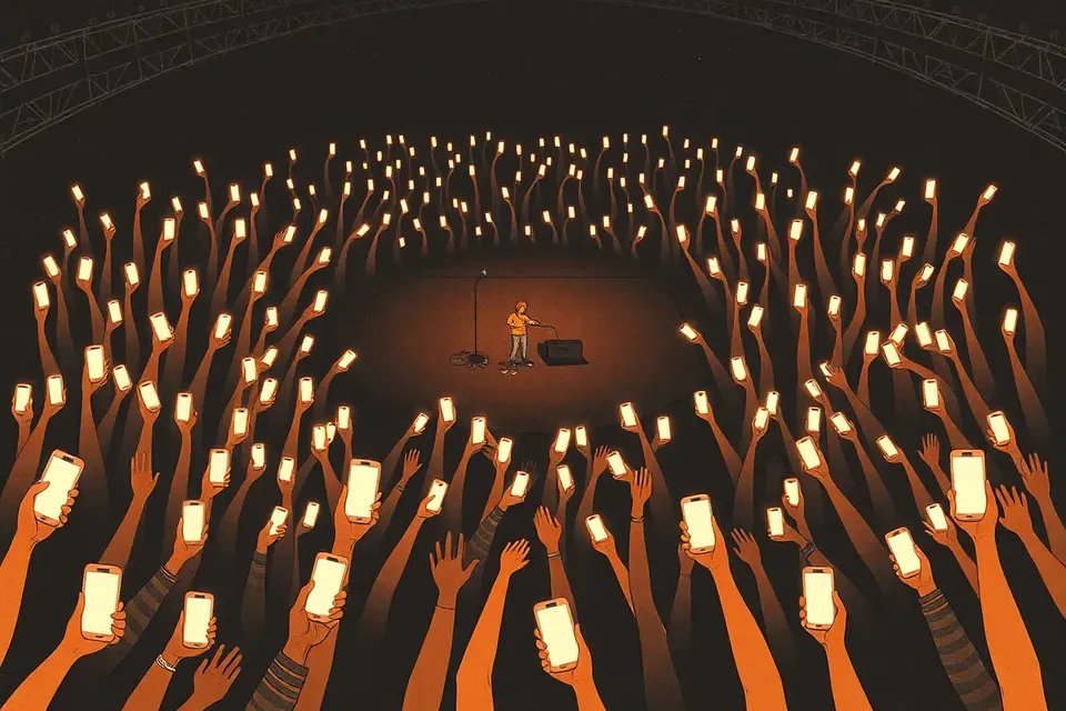 An overhead view of a concert crowd with glowing phone lights, a stage with a microphone stand, and scattered drumsticks and guitar picks.