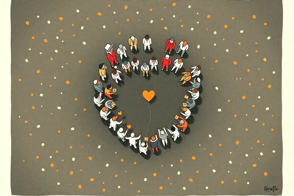 An overhead illustration of a crowd arranged in a heart shape, holding pink balloons, with confetti scattered on a glossy floor.