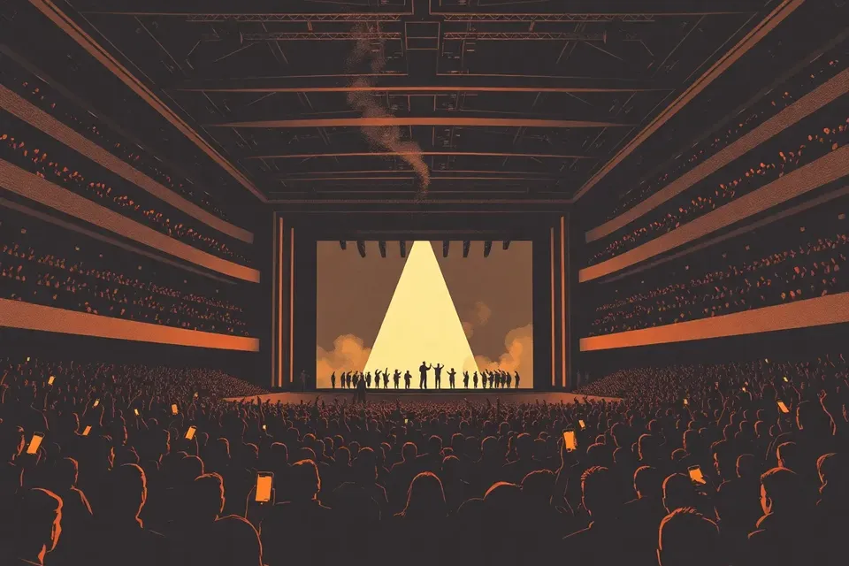 A wide shot of a large indoor arena during a concert, with a bright stage in the distance and a crowd of small silhouetted figures, some with raised arms and glowing phone screens, under a smoky atmosphere.