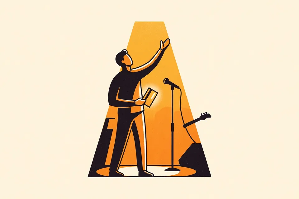 A person holding a membership card near a stage with a spotlight, microphone stand, and guitar silhouette in the background.