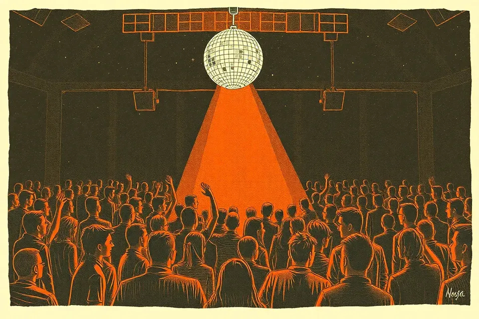 A wide scene of a crowded indoor concert venue with small figures swaying under a disco ball's spinning light, stage lit with warm colors.