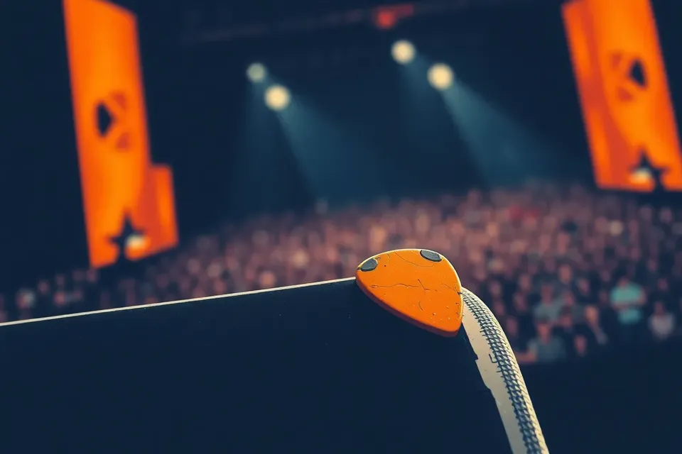 Close-up of a worn guitar pick on a stage monitor, with a dark arena and spotlight in the background.