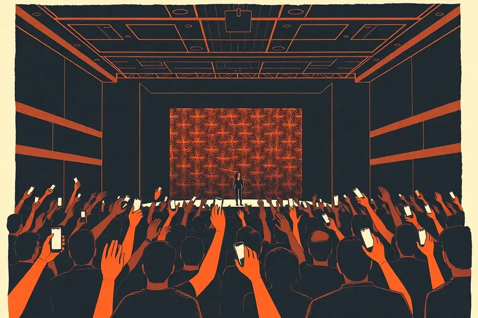 A wide shot of a concert hall with a singer on stage, surrounded by a crowd with raised hands and glowing lights, under a synthwave grid backdrop.
