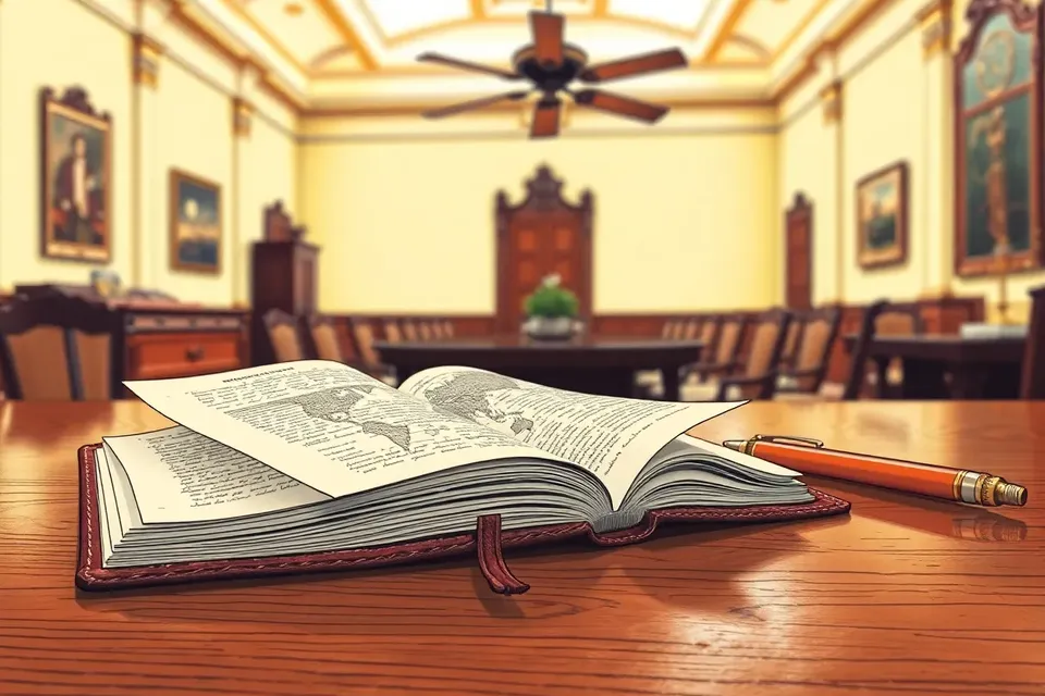 A close-up of an open notebook with handwritten notes and a folded world map on a wooden table, with a blurred background of a colonial-style room with a ceiling fan.