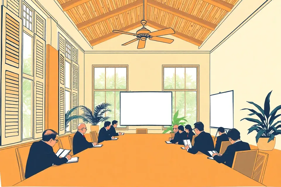 A wide view of a colonial-style meeting hall with tall windows, a long table with seated figures, a ceiling fan, potted palms, and a blank projector screen, evoking a formal climate briefing.