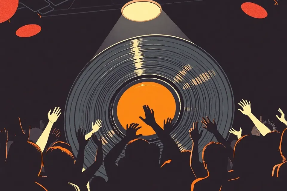 A large vinyl record on a turntable, illuminated by a strobe light, with silhouetted dancers raising their hands around it in a dark club.