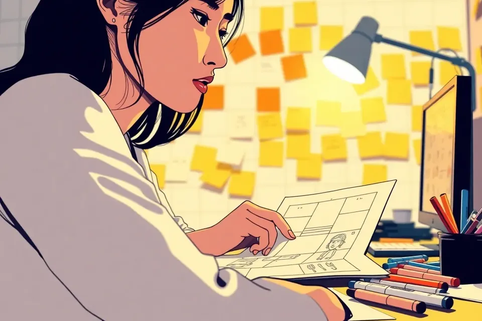 Illustration of a young woman concentrating over a storyboard at a desk, with sticky notes and a studio light in the background.