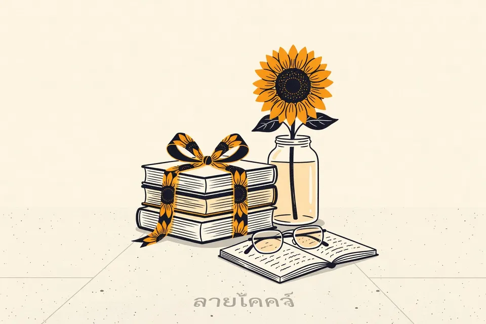 A still life arrangement on a concrete floor: stacked psychology textbooks bound with a yellow ribbon, a sunflower in a glass jar, wire-rimmed glasses on an open notebook, evoking a classroom workshop.