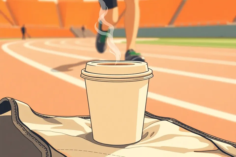 A close-up of a steaming coffee cup on a crumpled running bib, with a blurred runner's legs on a sunlit track in the background.