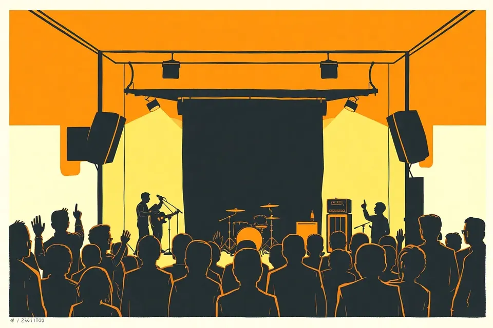 Wide view of a livehouse stage with musicians playing guitars and drums, small audience figures in the dimly lit room, some with raised hands.