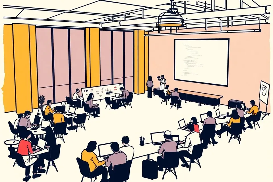 A wide shot of a modern tech event space with people gathered around laptops and a large screen showing code, evoking a focused, collaborative atmosphere.