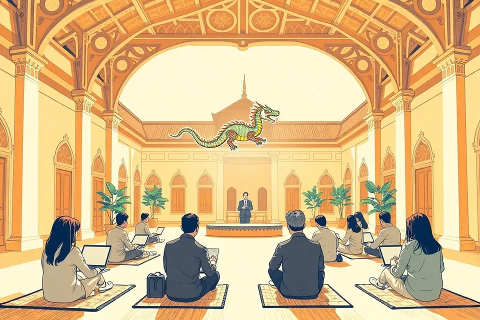 A wide shot of a peaceful courtyard in Bangkok's old town, with a small audience seated on mats, a speaker on a low stage, and a glowing dragon hologram above, evoking a quiet tech workshop.