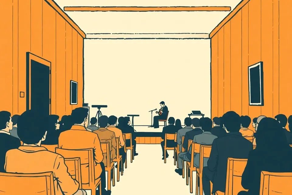 A small concert hall with wooden interior, a musician on stage, and a few audience members seated, evoking a quiet, intimate music performance.