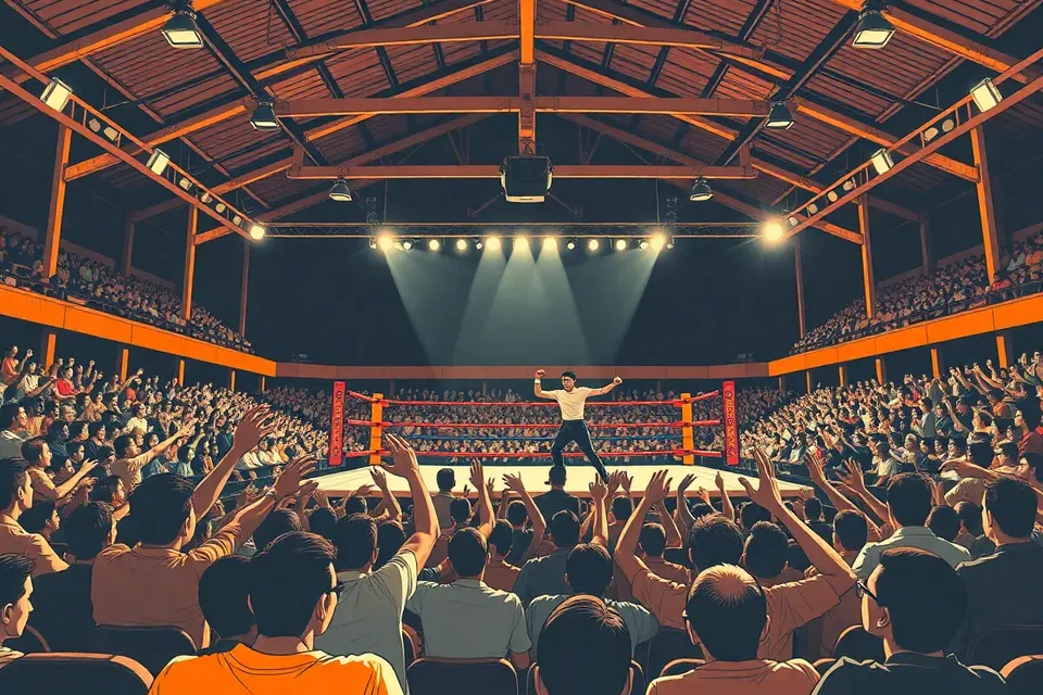 A wide shot of a crowded Muay Thai stadium with two fighters in the ring, surrounded by an excited audience, under dramatic lighting.