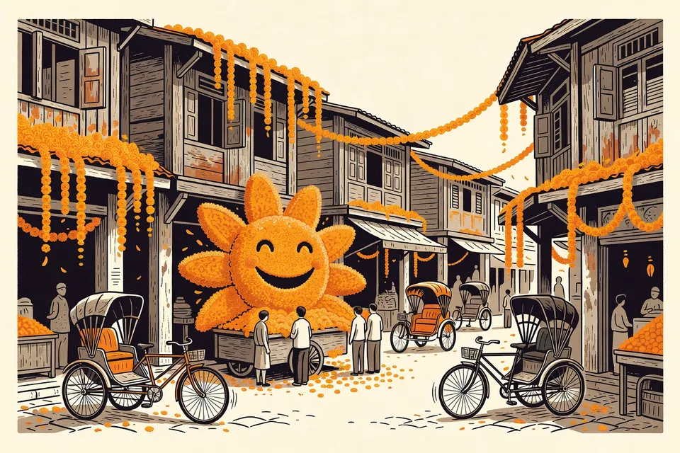 A wide view of an old market street with wooden shophouses decorated with flowers. A large floral smiley face installation stands beside a cart. People and bicycles move along the cobbled path under hanging garlands.