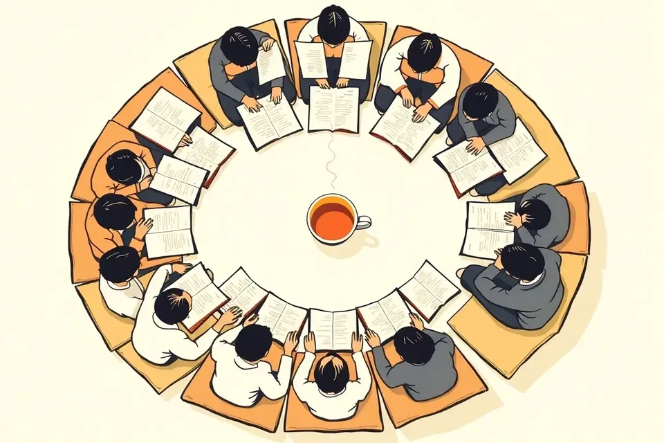 An overhead view of a group of people sitting in a circle, each reading a book, with a teacup in the center.