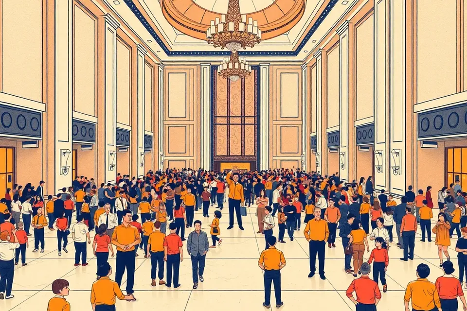 A wide shot of a hotel lobby filled with people in red and blue, one person holding a red pill up high, under warm chandelier light.