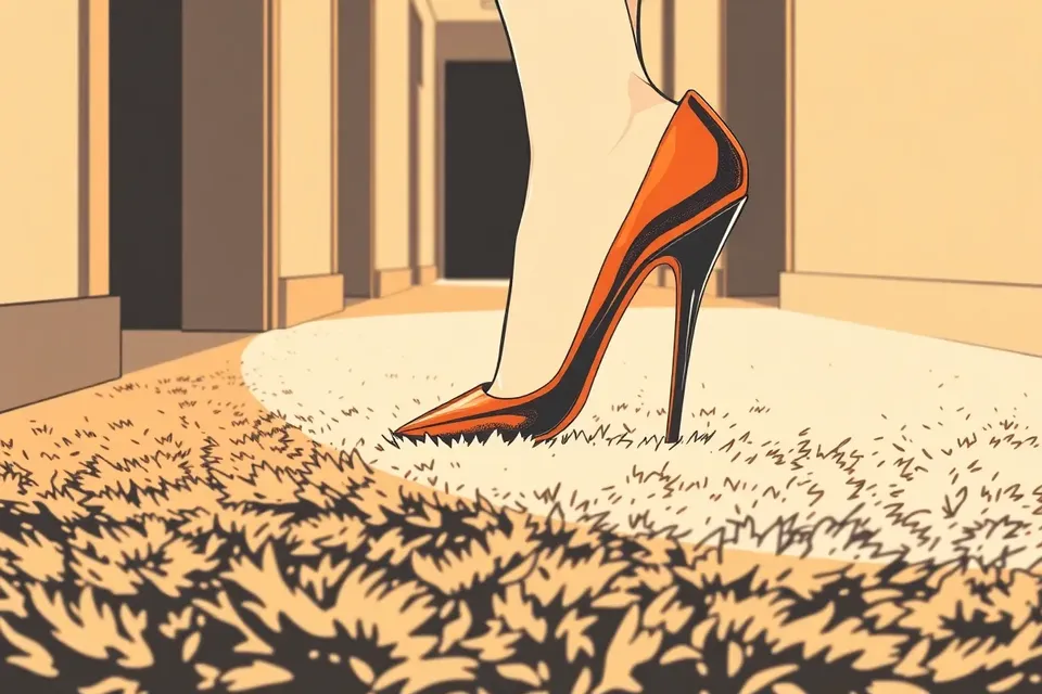 A close-up of a shiny high-heeled shoe on a plush cream carpet in a dimly lit hotel corridor, evoking an intimate and luxurious atmosphere.